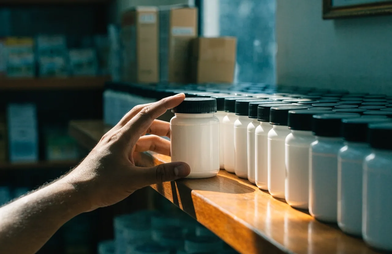 A hand turning an unbranded supplement container on a Bandung pharmacy shelf
