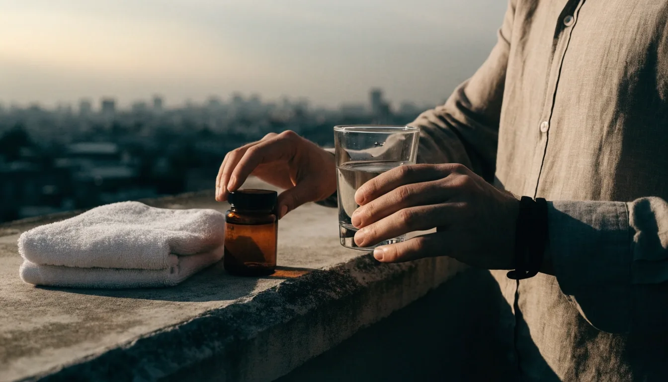 A wide dawn view from a rooftop wall with an unbranded jar, a folded towel and a water glass