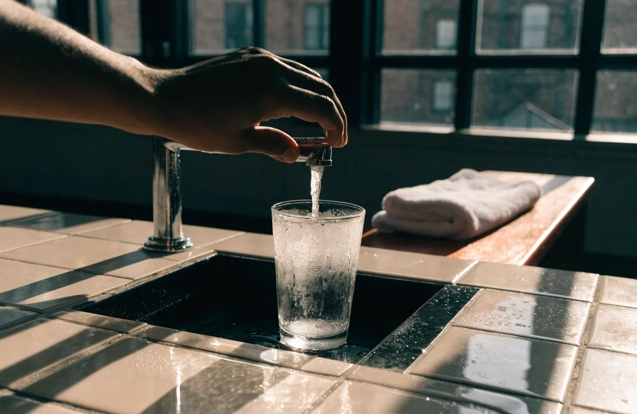 A glass being filled at an indoor gym water station in afternoon light