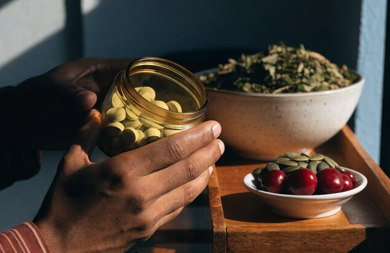 Unbranded amber jar of tablets beside a dish of acerola cherries, pumpkin seeds and dried herbs