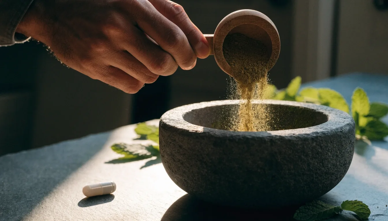 A plain capsule held above a dish of botanical powder on a stone worktop