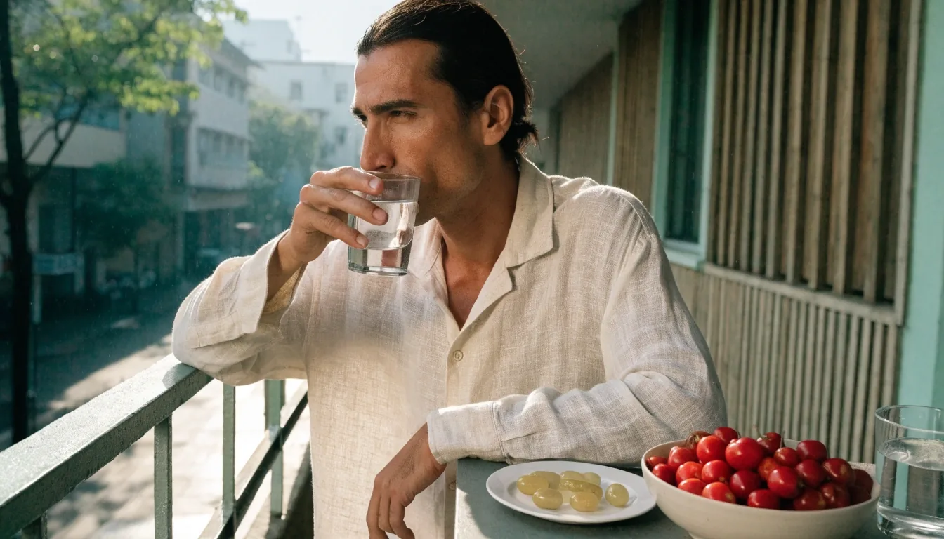 Morning shelf with unbranded jars, a water glass and a bowl of acerola cherries on a Bandung balcony railing