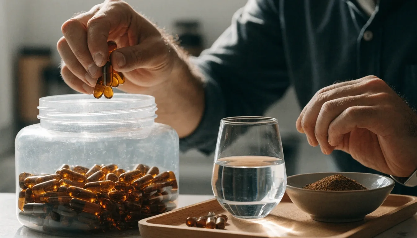 Open amber jar with a capsule resting on its lid beside a glass of water on a kitchen counter