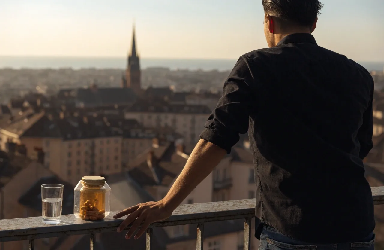 A man seen from behind at a balcony rail beside a water glass and an amber jar, with a city roofline and horizon beyond