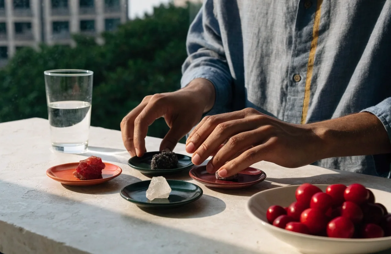 Overhead view of five round mineral plates in different colours laid on pale paper beside a water glass and a bowl of acerola cherries