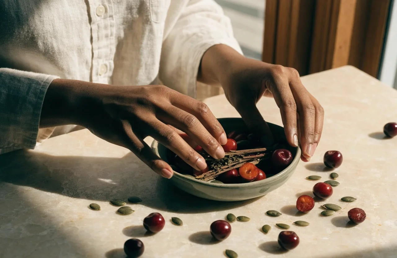 Overhead view of a shallow dish with acerola cherries, pumpkin seeds and dried herb stems on pale paper