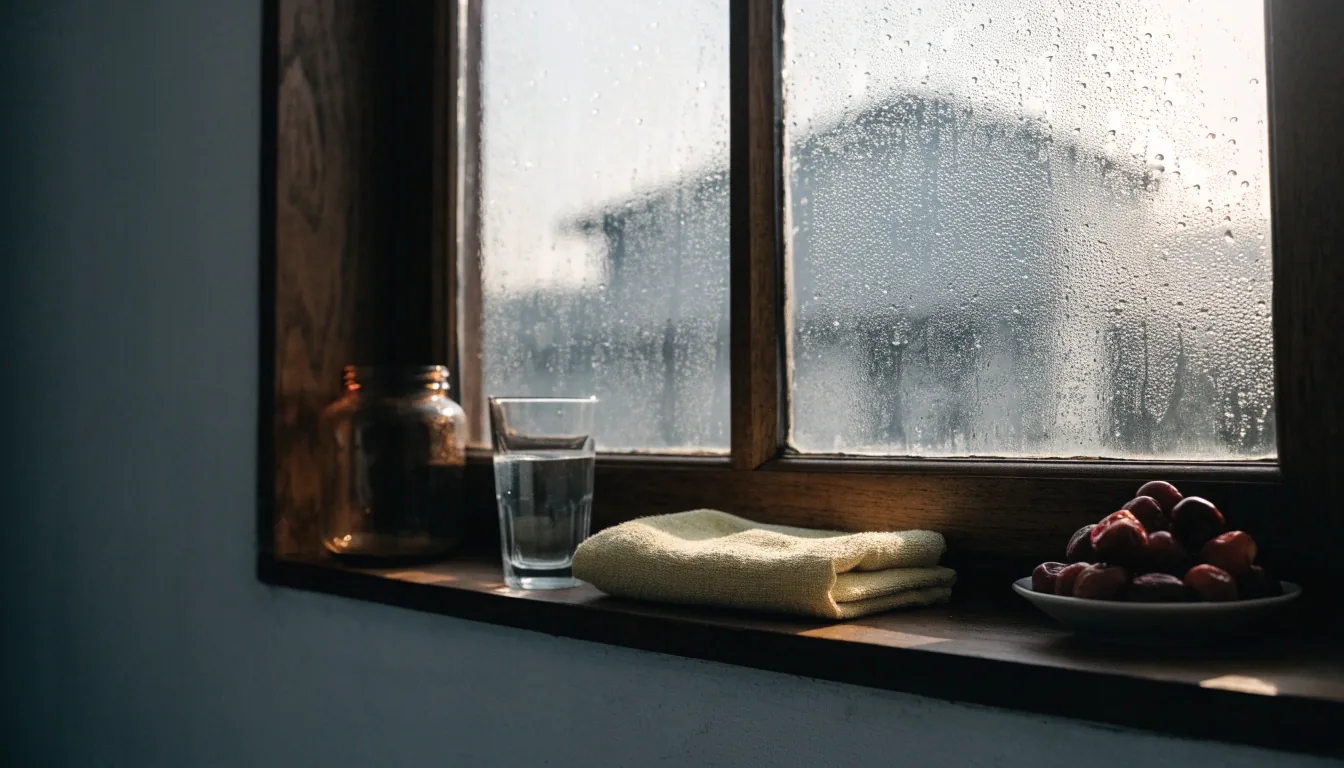A rain-wet window sill at dawn with a water glass, an unbranded amber jar and a folded towel in flat painted illustration style
