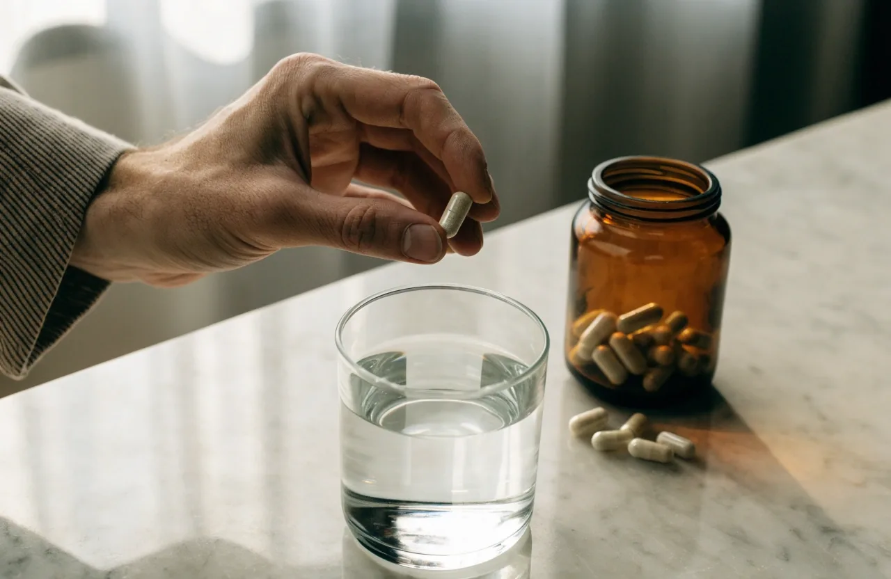 A small unbranded amber jar tipped on a marble counter with one capsule resting on the lid