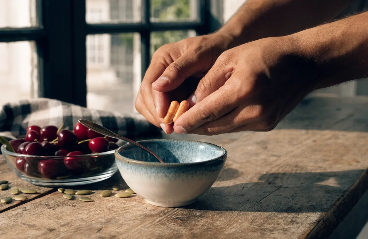 A painted arrangement of acerola cherries, pumpkin seeds and dried herb stems in a shallow dish beside an unbranded jar